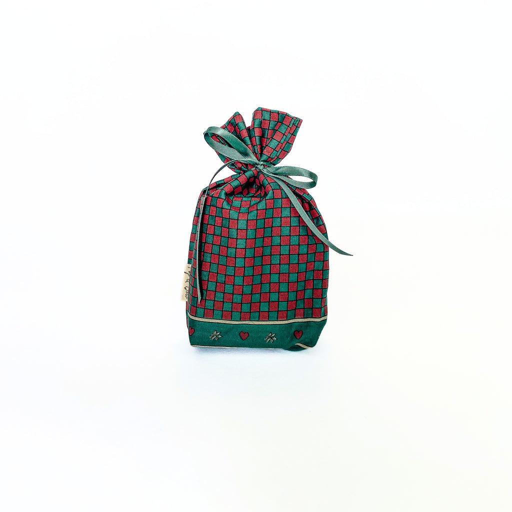 Reusable Gift Bag  – Handmade from Upcycled Vintage Fabric - Checkered Hearts
