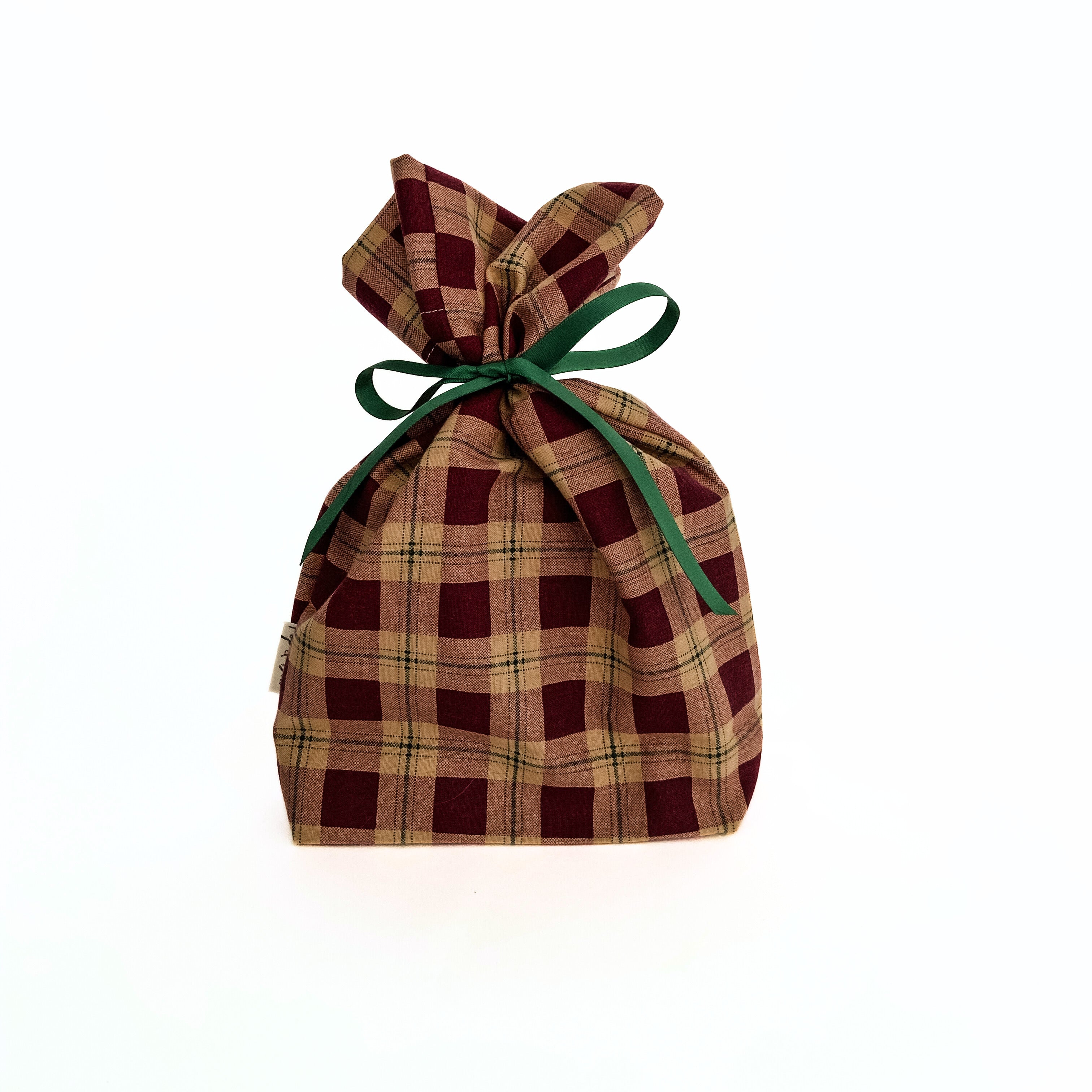 Reusable Gift Bag  – Handmade from Upcycled Vintage Fabric - Brick Plaid