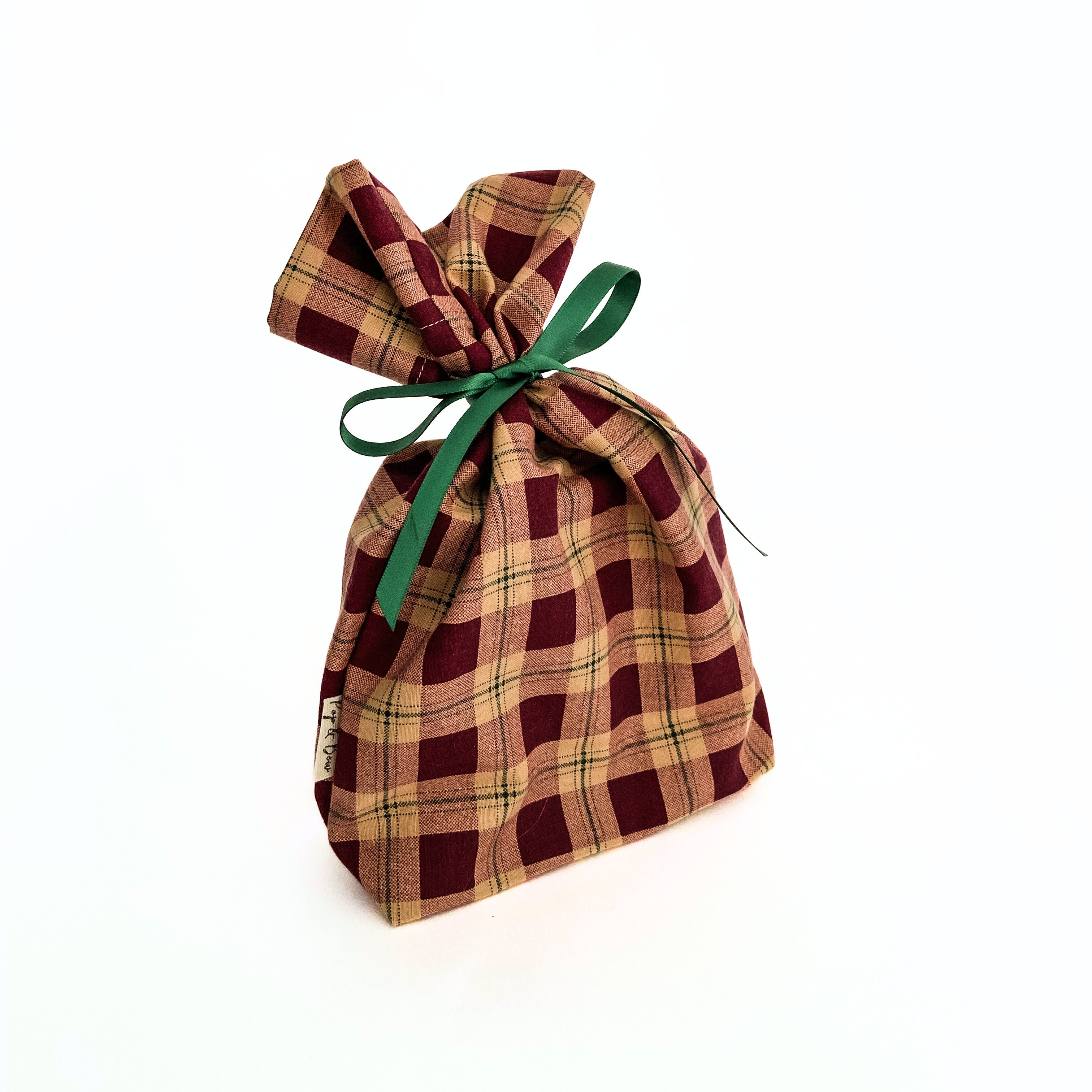 Reusable Gift Bag  – Handmade from Upcycled Vintage Fabric - Brick Plaid