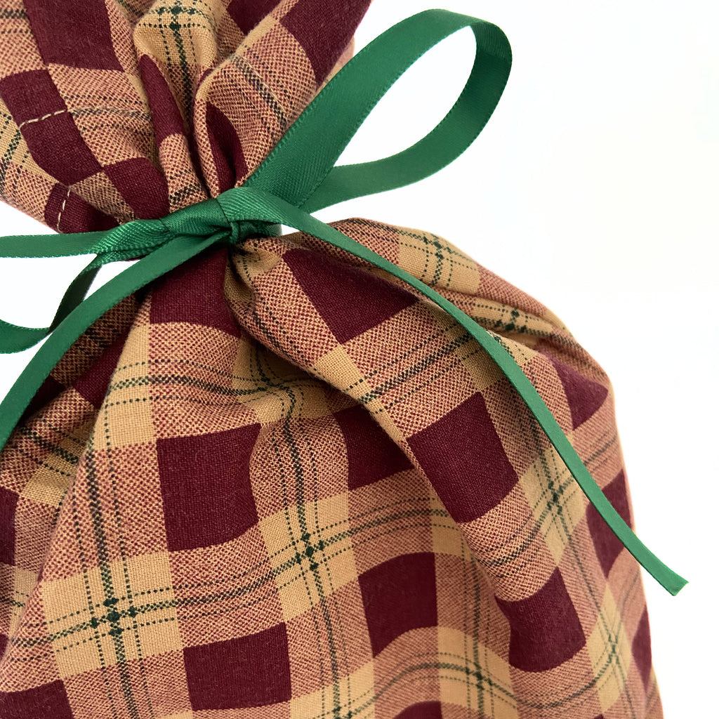 Reusable Gift Bag  – Handmade from Upcycled Vintage Fabric - Brick Plaid
