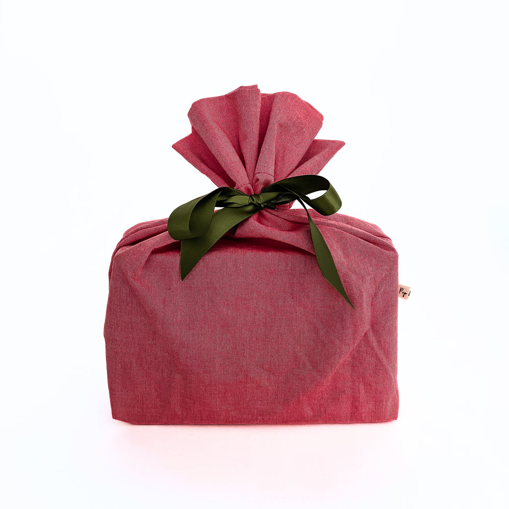 Reusable Gift Bag  – Handmade from Upcycled Vintage Fabric - Merry Red Oxford