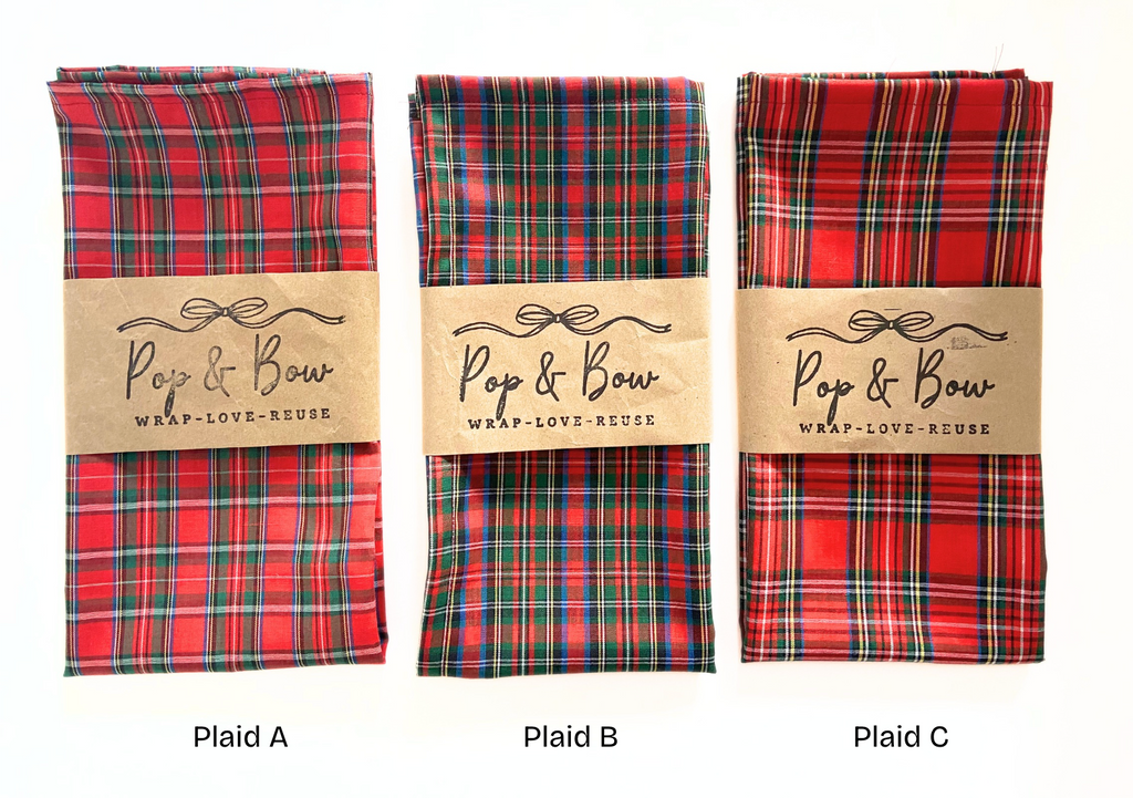 Pop & Bow Reusable Plaid Fabric Gift Wrap – Eco-Friendly Cloth Wrap - Small