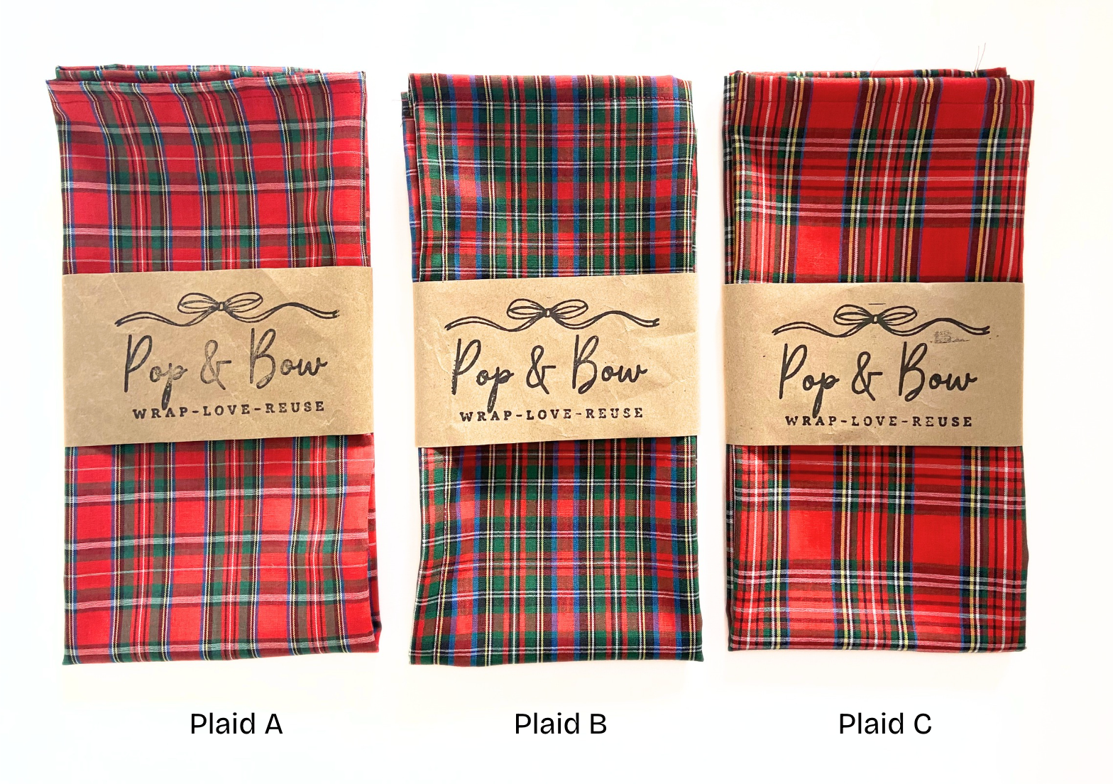 Pop & Bow Reusable Plaid Fabric Gift Wrap – Eco-Friendly Cloth Wrap - Small