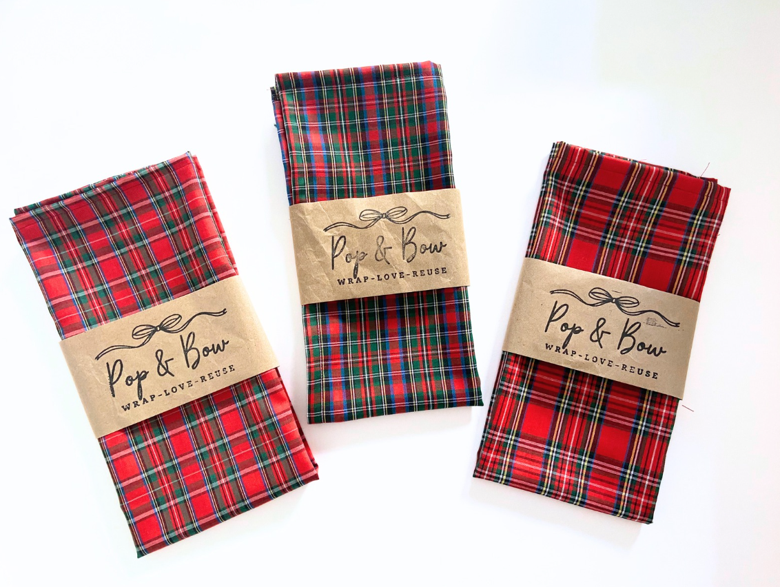 Pop & Bow Reusable Plaid Fabric Gift Wrap – Eco-Friendly Cloth Wrap - Small